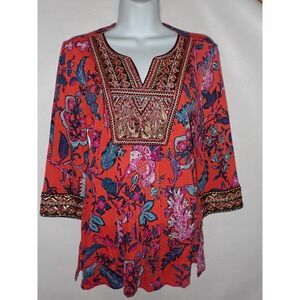 Soft Surroundings Orange Floral Sequin Embroidered Tunic Top PS Boho Hippie